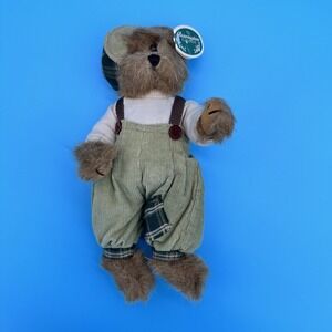 Bearington Collection Cody Teddy Bear 1324 Green Corduroy Overalls Plaid Hat